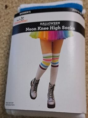 Celebrate It Neon Knee High Socks - White with Rainbow Stripes